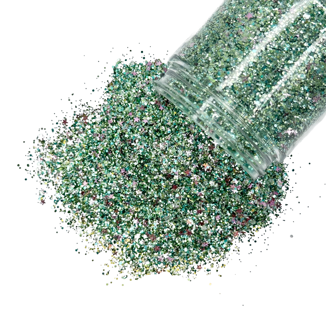 Green custom multi-size/shape glitter mix for art, body, nails and more - PDB Creative Studio