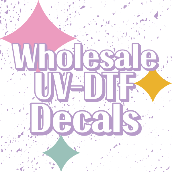 Wholesale UV-DTF transfer decals 25-50 custom prints per design. Perfect for tumbler makers & small business shops. Free shipping over $75, 7-10 day turnaround.