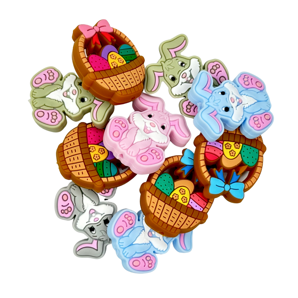 EASTER SILICONE BEAD -BUNNY RABBIT AND EASTER BASKET SHAPED SILICONE TEETHER BEADS for bracelets, pens, crafts, and more - PDB Creative Studio