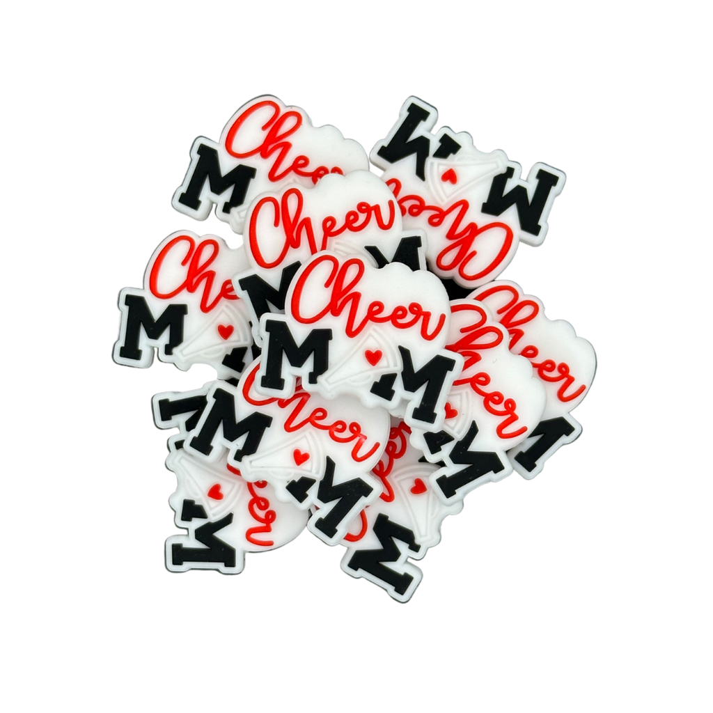 CHEER MOM SILICONE BEAD -WHITE, BLACK, AND RED MOTHER’S DAY CHEERLEADING SILICONE BEAD for bracelets, pens, crafts, and more - PDB Creative Studio