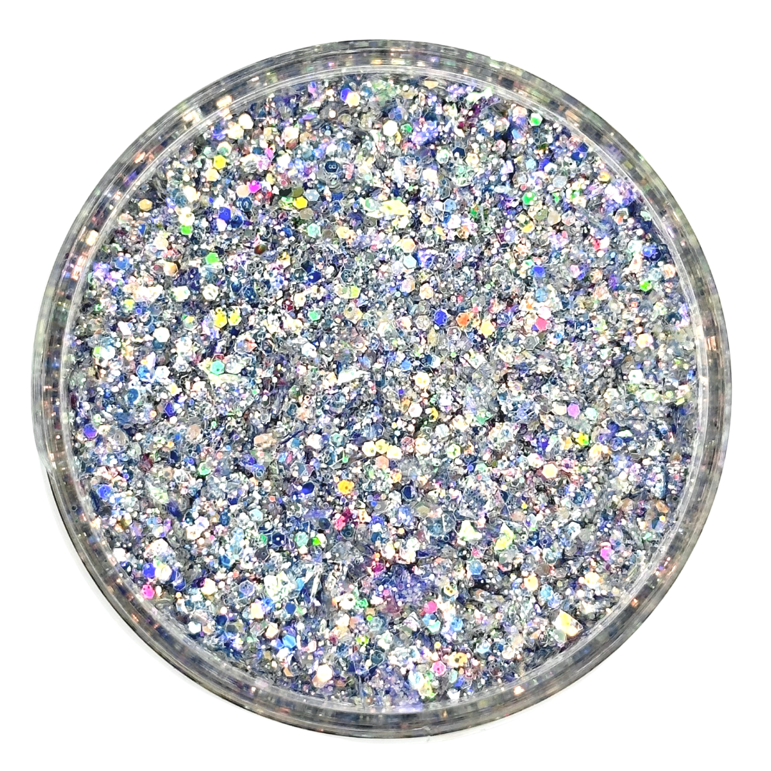 silver super holographic custom multi-size/shape glitter mix for art, body, nails and more - PDB Creative Studio