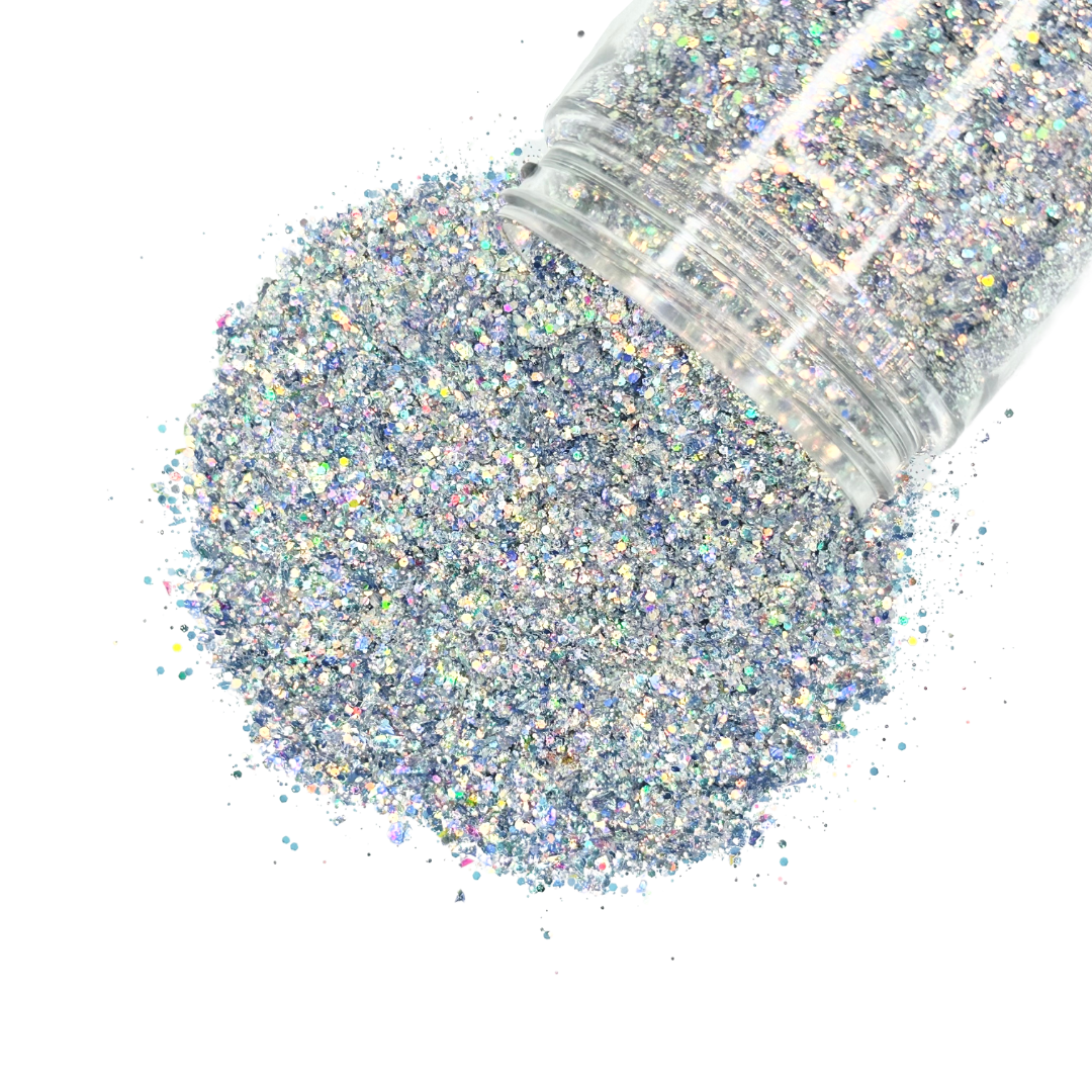 silver super holographic custom multi-size/shape glitter mix for art, body, nails and more - PDB Creative Studio