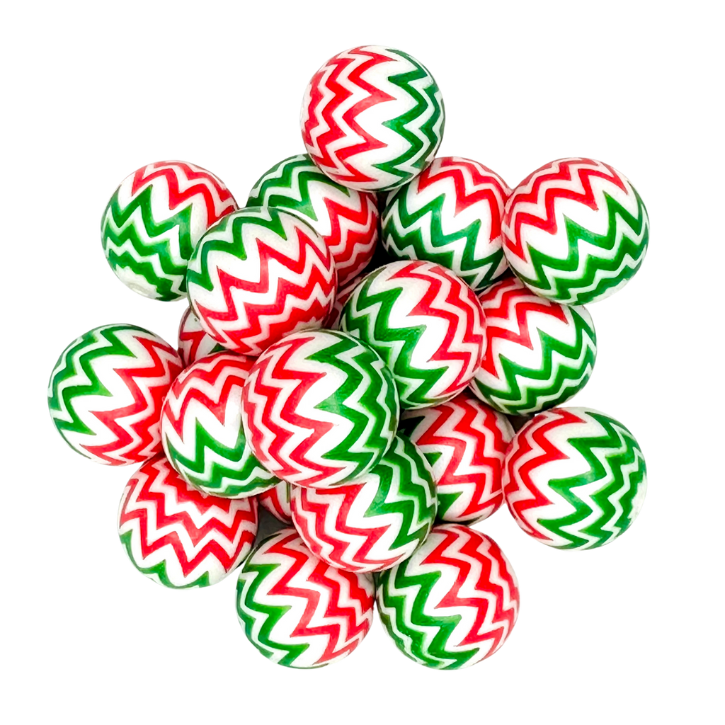 CHRISTMAS CHEVRON 20MM BUBBLEGUM BEAD - RED AND GREEN CHRISTMAS PRINTED WHITE ACRYLIC BEAD for bracelets, jewelry making, crafts, and more - PDB Creative Studio