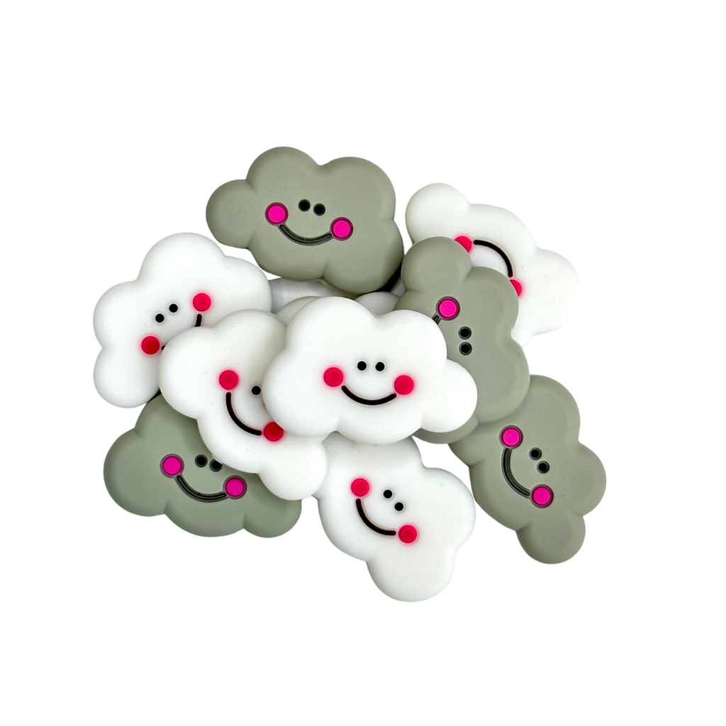 HAPPY CLOUDS SILICONE BEAD - WHITE AND GREY SMILE SILICONE TEETHER BEADS for bracelets, pens, crafts, and more - PDB Creative Studio