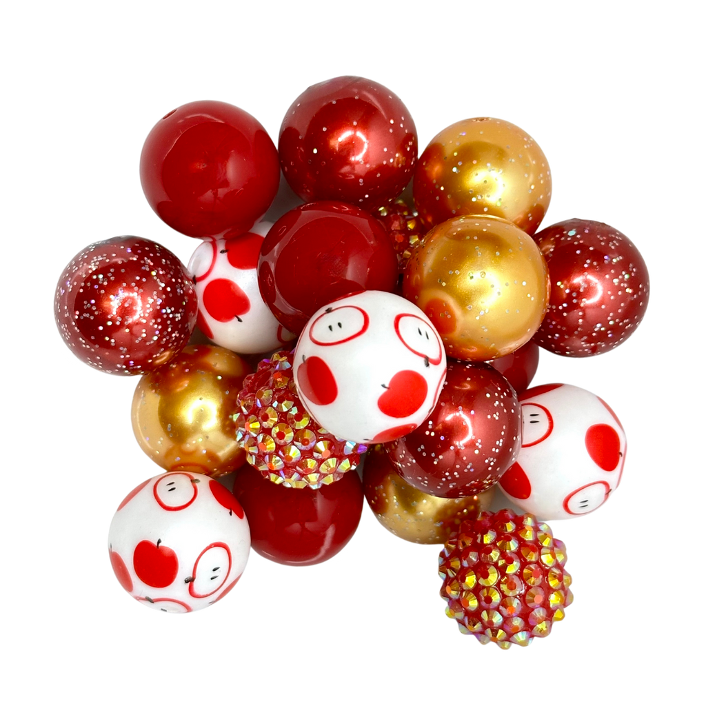 APPLE PICKING 20MM BUBBLEGUM BEAD MIX -RED AND GOLD CUSTOM ACRYLIC BEAD MIX for bracelets, jewelry making, crafts, and more - PDB Creative Studio