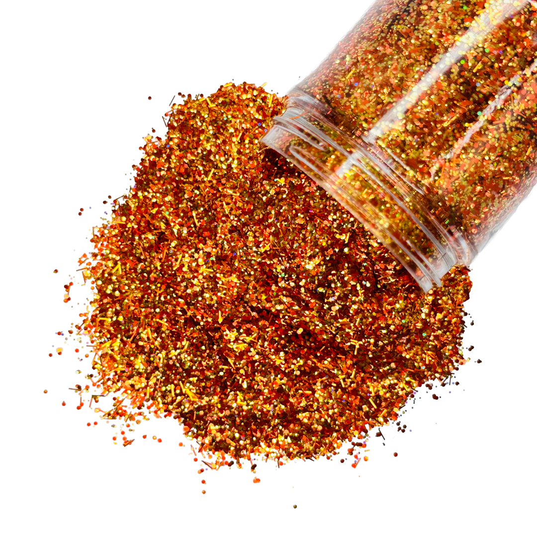 orange gold brown custom multi-size/shape glitter mix for art, body, nails and more - PDB Creative Studio