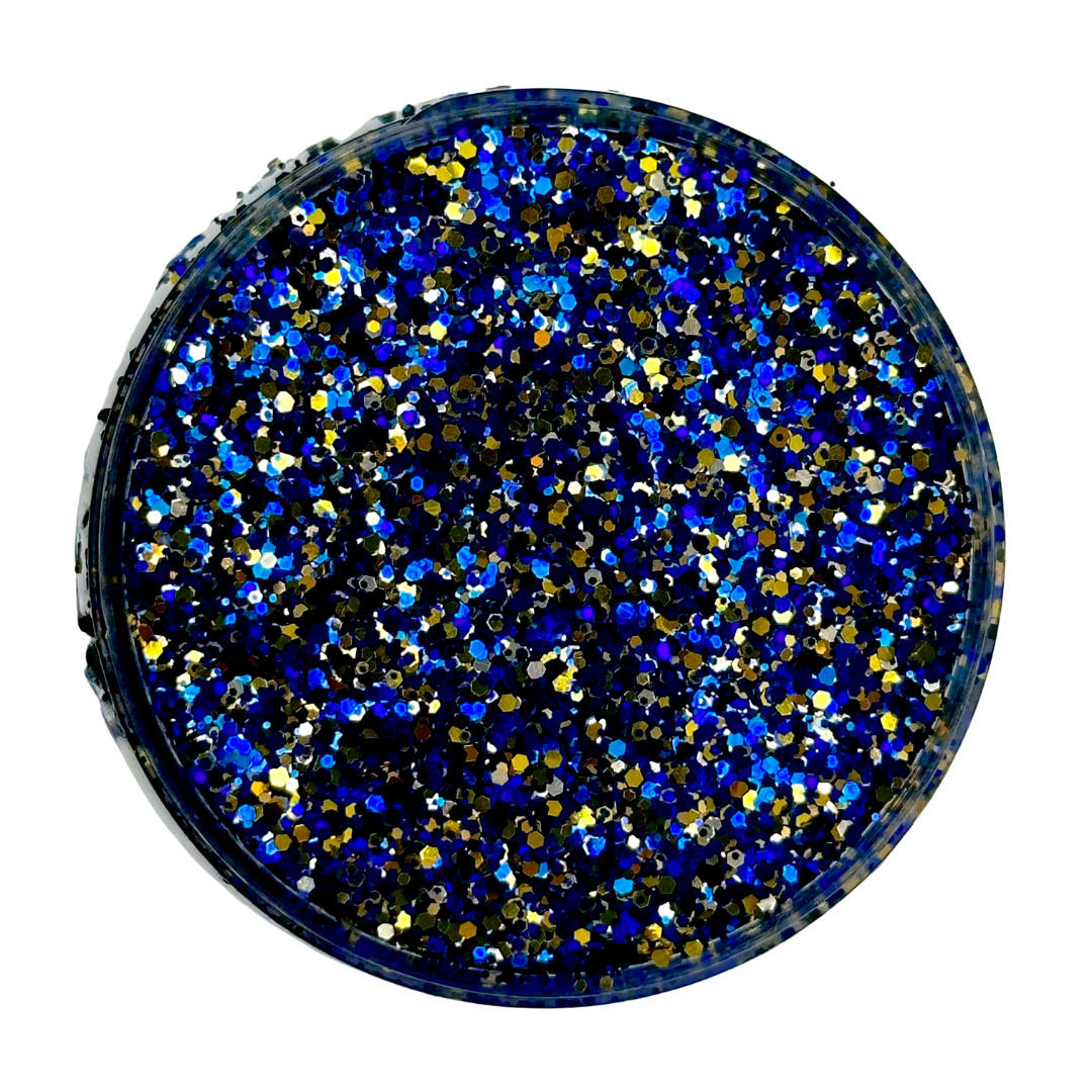 blue and gold custom glitter mix for art, body, nails and more - PDB Creative Studio