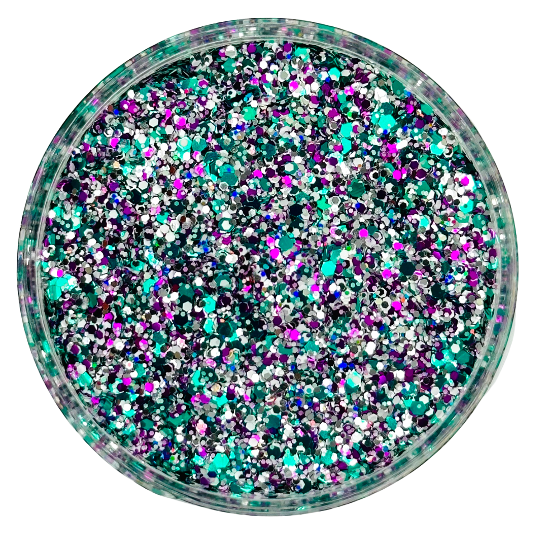 Teal and purple custom multi-size glitter mix for art, body, nails and more - PDB Creative Studio