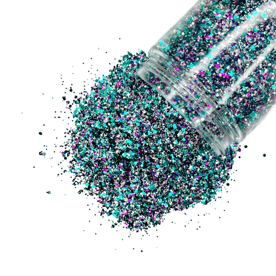 Teal and purple custom multi-size glitter mix for art, body, nails and more - PDB Creative Studio