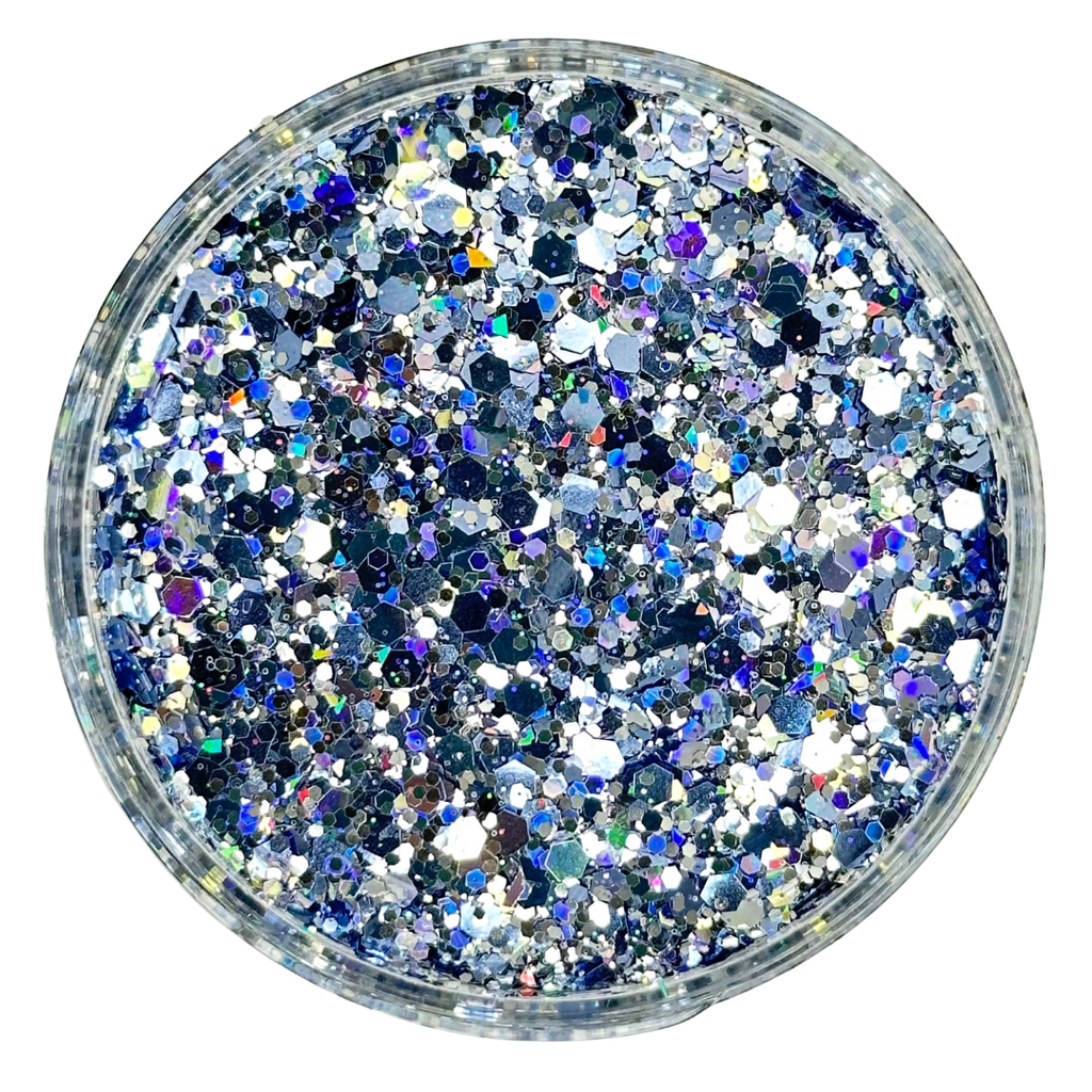 blue silver holographic custom chunky glitter mix for art, body, nails and more - PDB Creative Studio