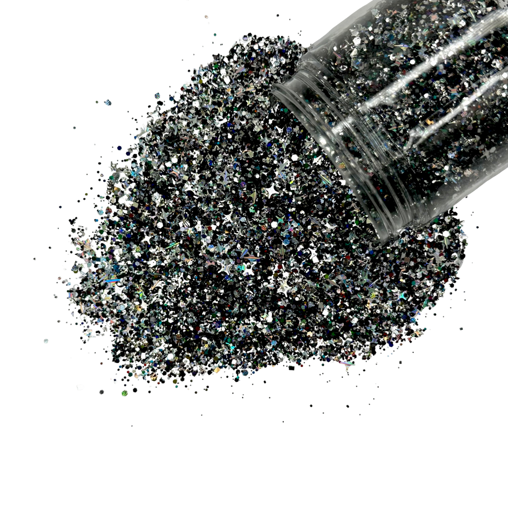 Black silver holographic custom glitter mix for art, body, nails and more - PDB Creative Studio