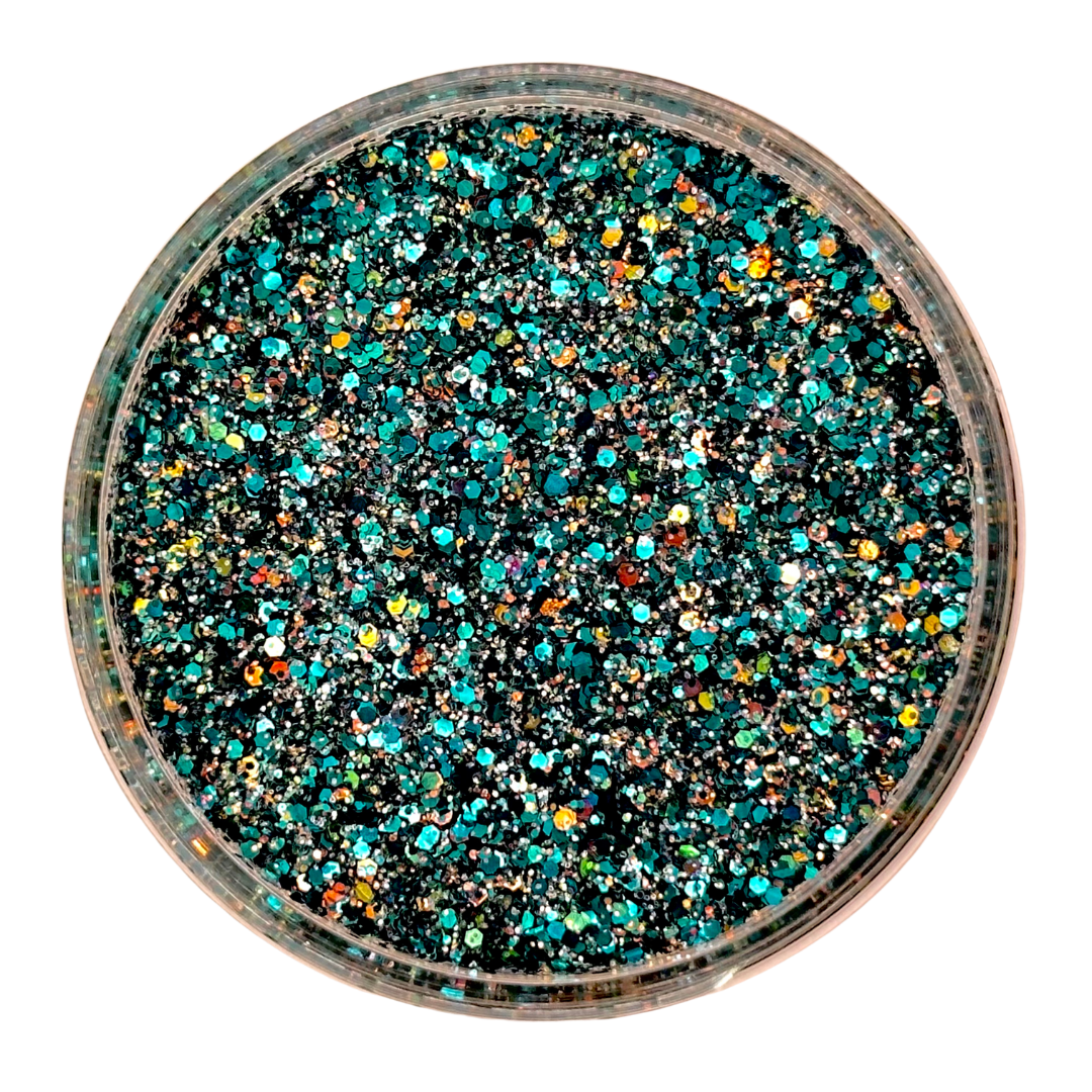 Teal green and gold custom mix glitter for body, art, nails / PDB Creative Studio