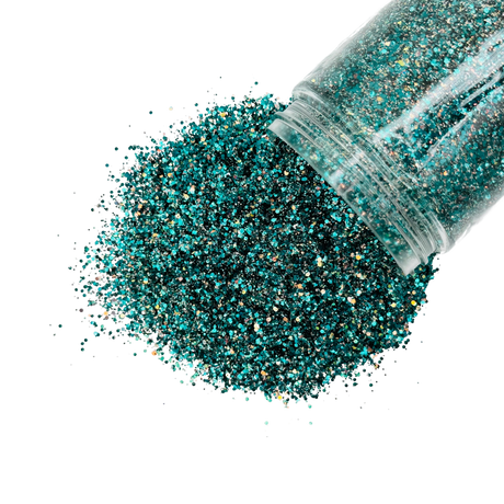 Teal green and gold custom mix glitter for body, art, nails / PDB Creative Studio