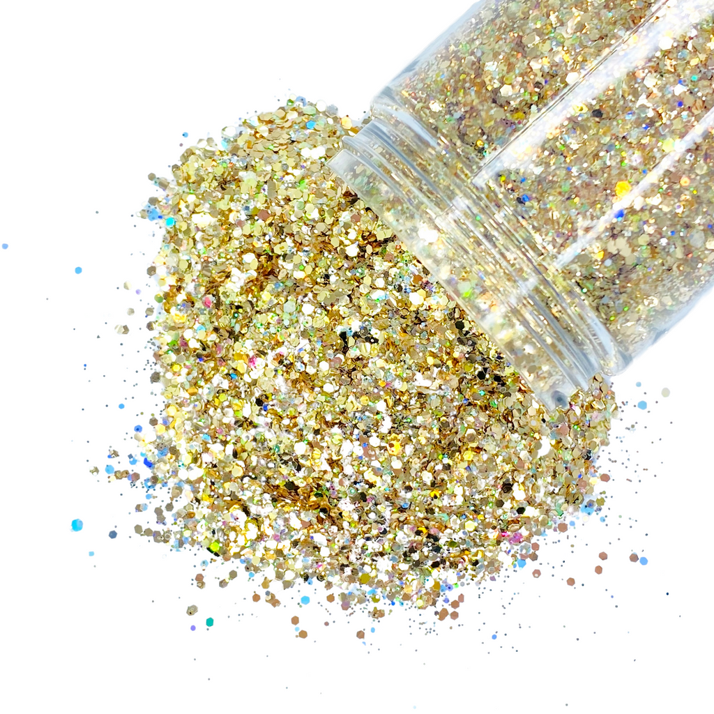 gold holographic custom multi-size glitter mix for art, body, nails and more - PDB Creative Studio