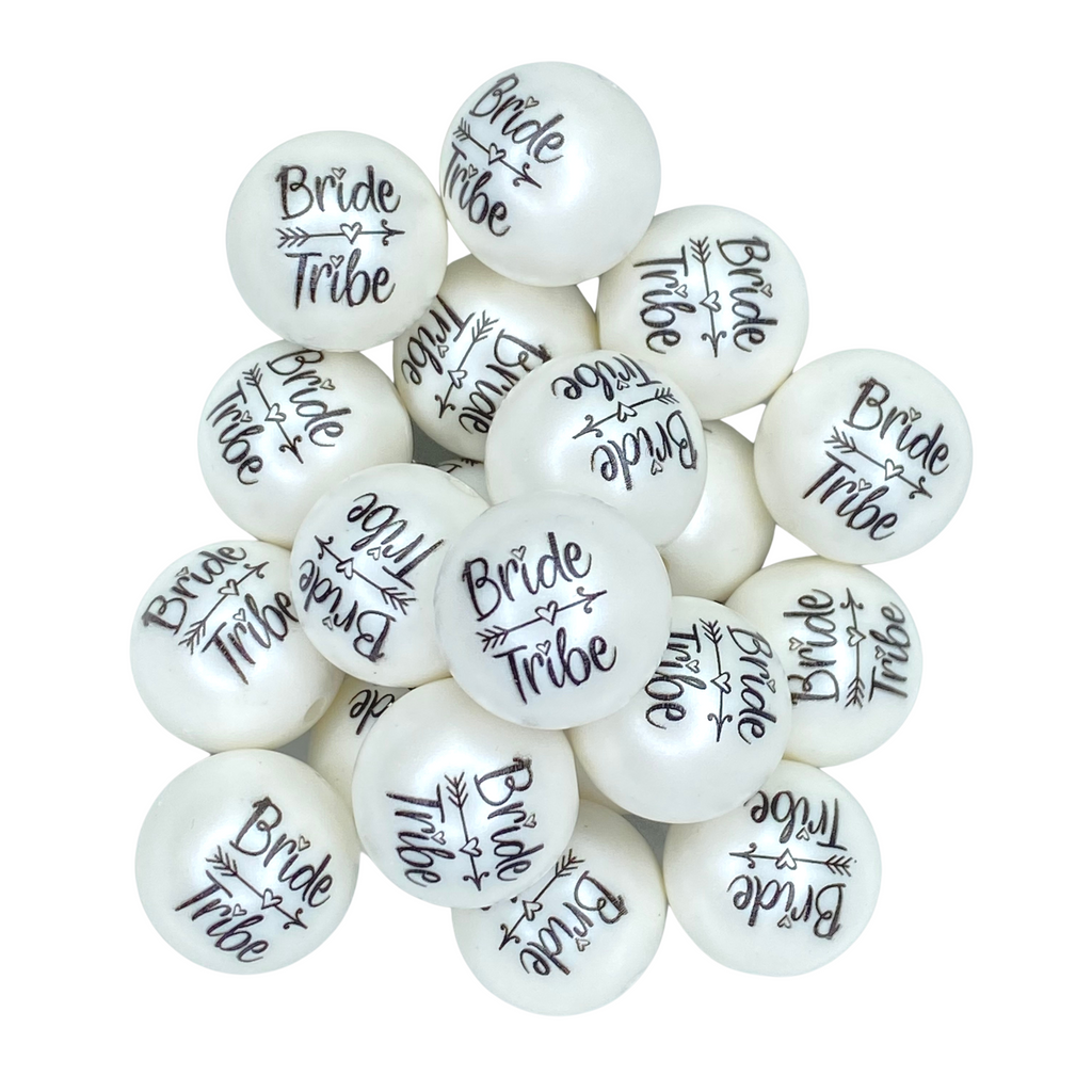 BRIDE TRIBE 20MM BUBBLEGUM BEAD -  WHITE WEDDING PRINTED ACRYLIC BEAD for bracelets, jewelry making, crafts, and more - PDB Creative Studio