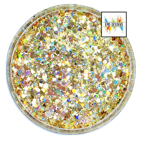 gold holographic custom multi-size glitter mix for art, body, nails and more - PDB Creative Studio