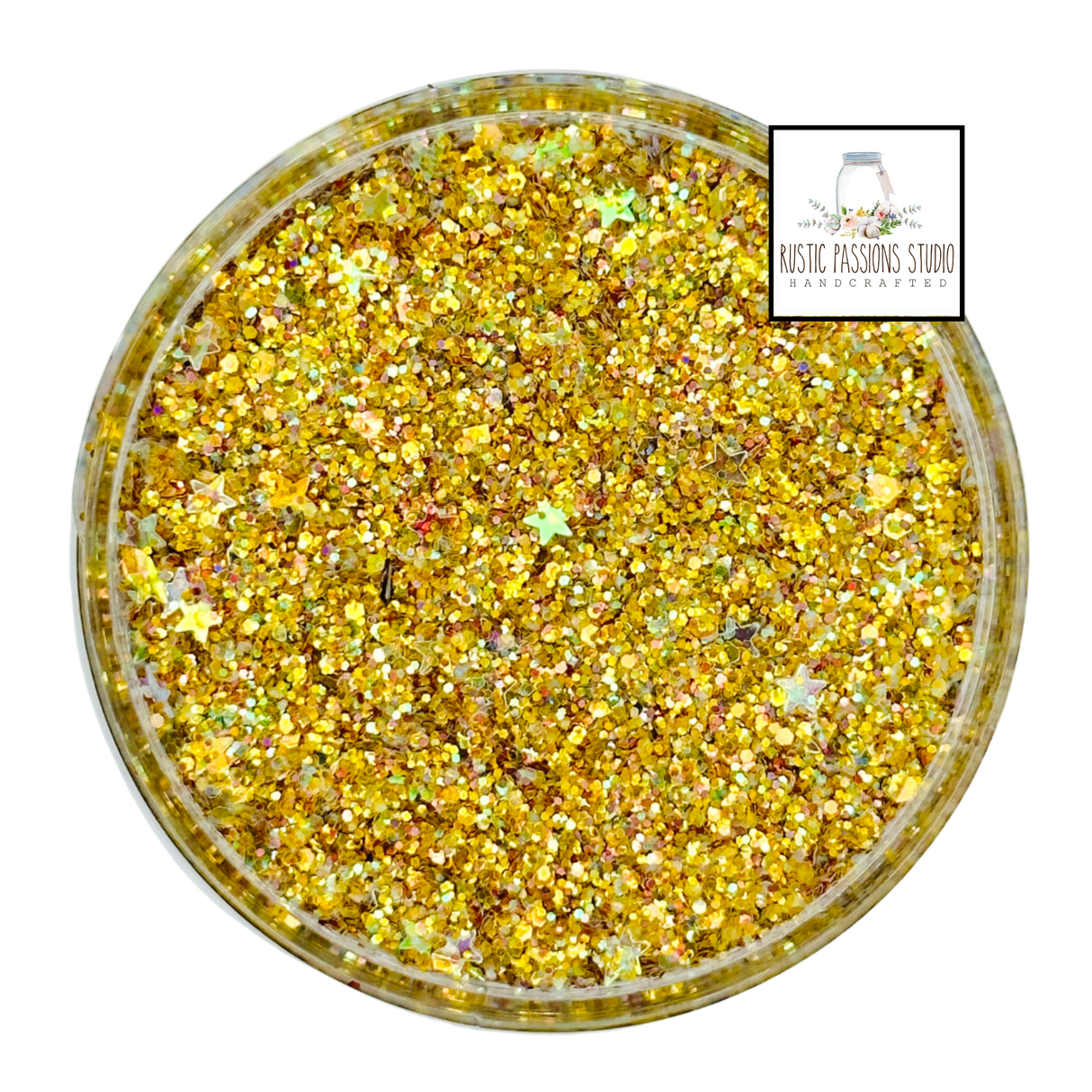 gold yellow iridescent custom multi-size/shape glitter mix for art, body, nails and more - PDB Creative Studio