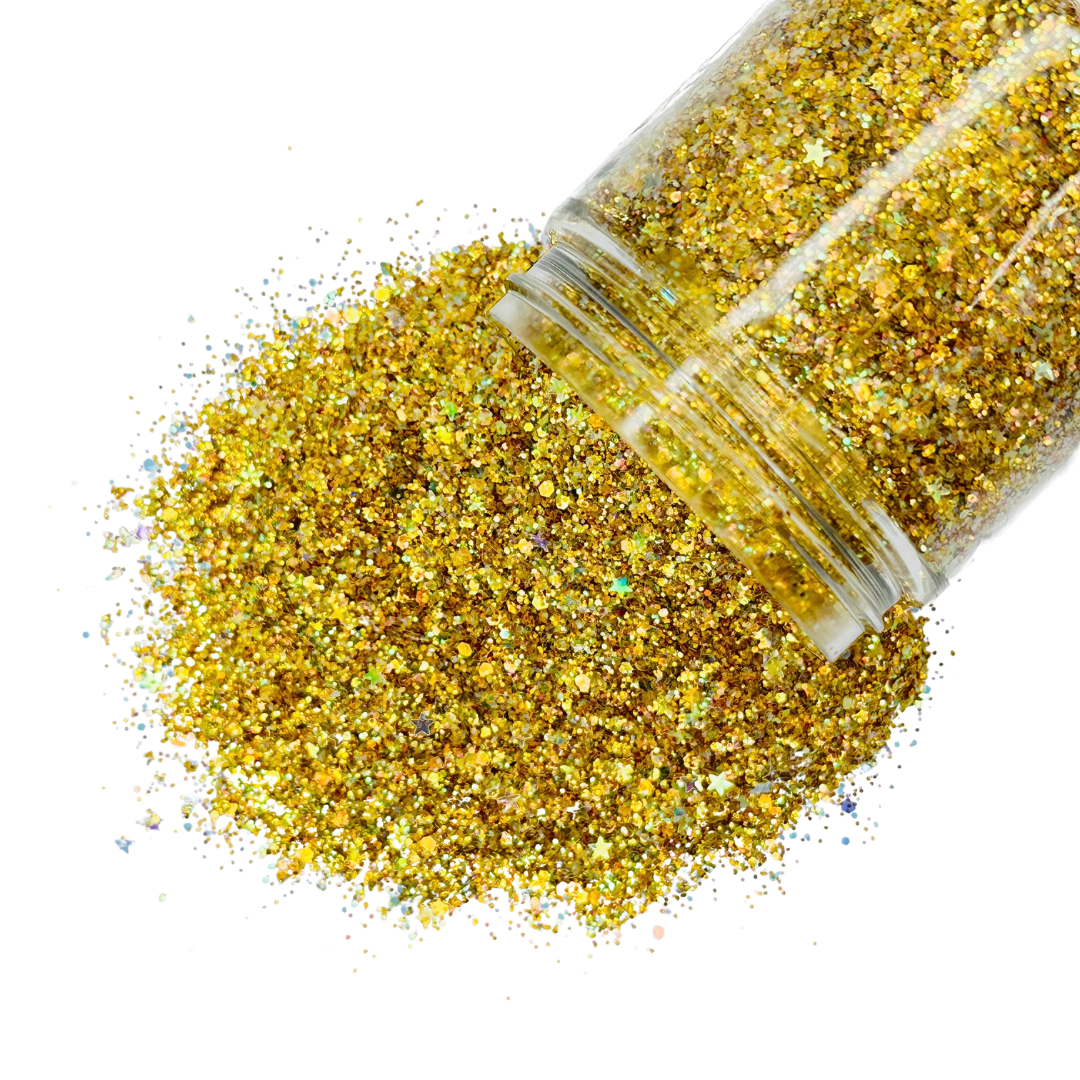 gold yellow iridescent custom multi-size/shape glitter mix for art, body, nails and more - PDB Creative Studio