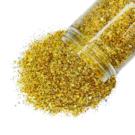 gold yellow iridescent custom multi-size/shape glitter mix for art, body, nails and more - PDB Creative Studio