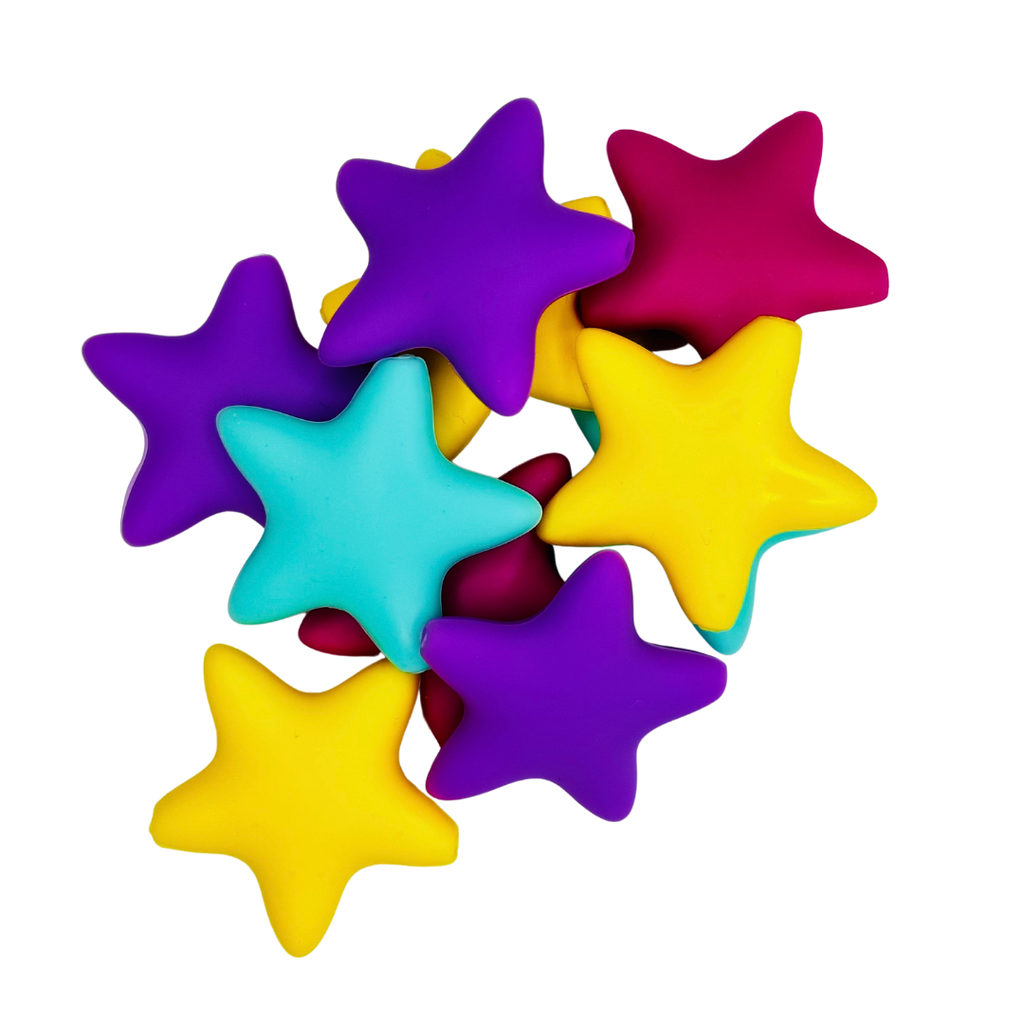 BUBBLE STARS SILICONE BEAD -PURPLE, FUCHSIA, YELLOW, TEAL STAR SHAPED  SILICONE BEAD for bracelets, pens, crafts, and more - PDB Creative Studio