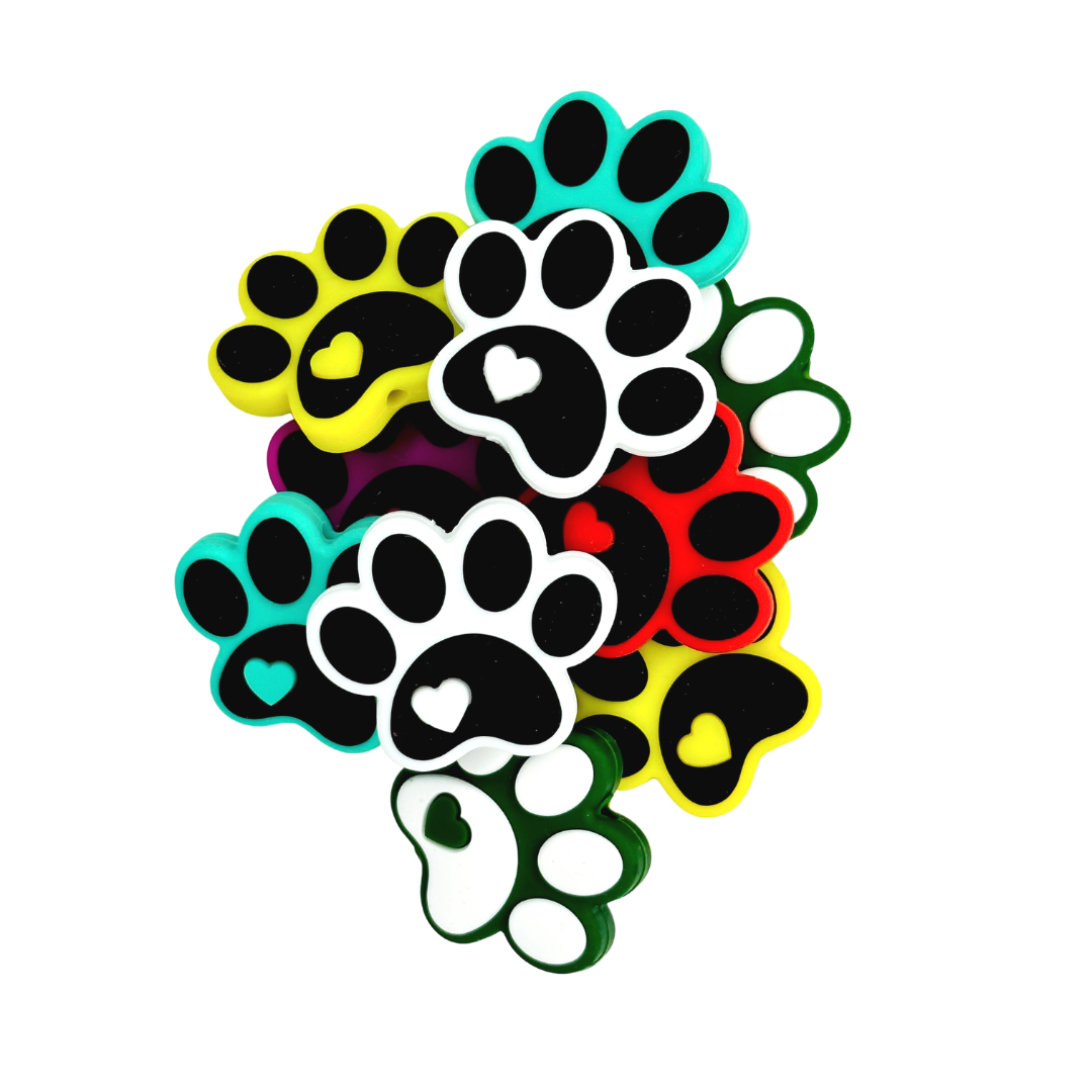 HEART PAW SILICONE BEAD - BLACK, WHITE, RED, GREEN, YELLOW PET SILICONE TEETHER BEADS for bracelets, pens, crafts, and more - PDB Creative Studio