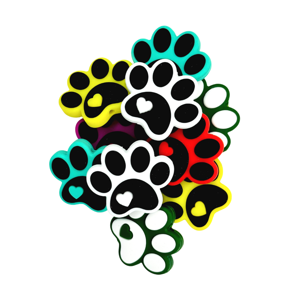 HEART PAW SILICONE BEAD - BLACK, WHITE, RED, GREEN, YELLOW PET SILICONE TEETHER BEADS for bracelets, pens, crafts, and more - PDB Creative Studio