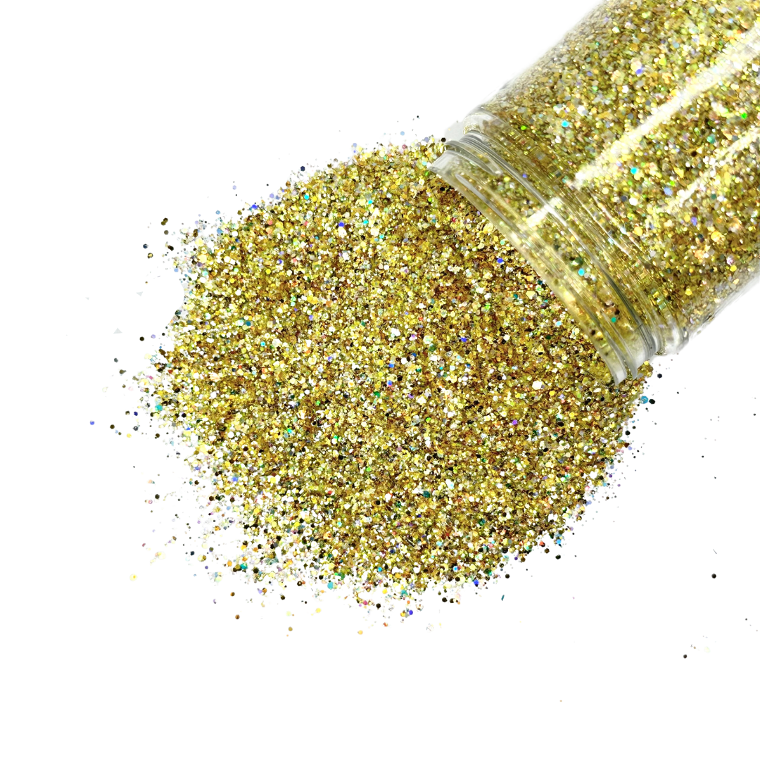 yellow gold holographic multi-size custom glitter mix for art, body, nails and more - PDB Creative Studio