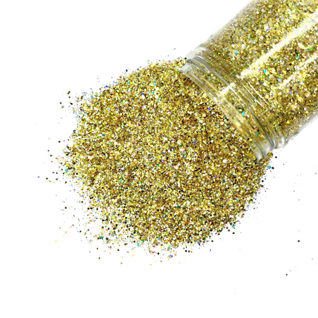 yellow gold holographic multi-size custom glitter mix for art, body, nails and more - PDB Creative Studio