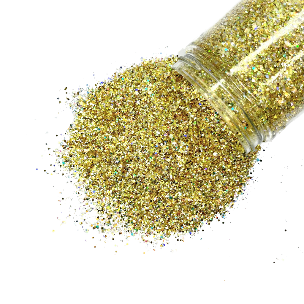 yellow gold holographic multi-size custom glitter mix for art, body, nails and more - PDB Creative Studio