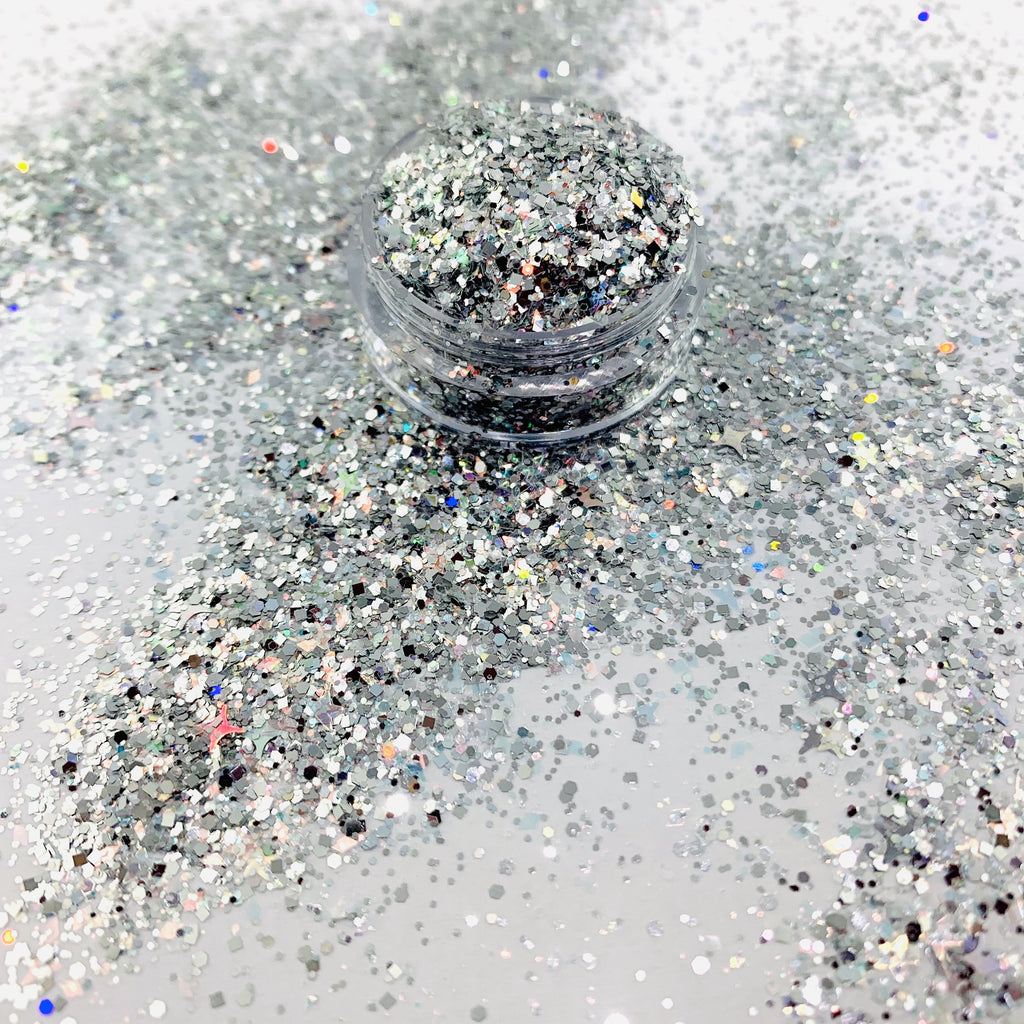 Holographic silver custom glitter mix for art, body, nails / PDB Creative Studio