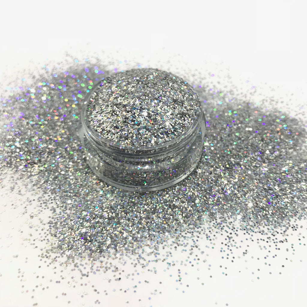 silver holographic fine poly glitter for art, body, nails / PDB Creative Studio