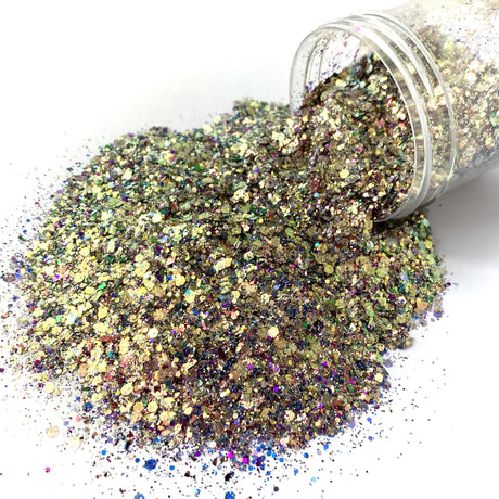 Gold glitter metallic multi-size chunky custom mix for art, body, nails / PDB Creative Studio