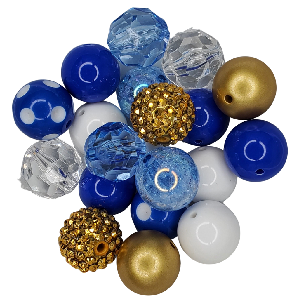 BLUE/GOLD 20MM BUBBLEGUM BEAD MEAD -  ASSORTED STYLE BLUE, GOLD, AND WHITE ACRYLIC BEAD MIX for bracelets, jewelry making, crafts, and more - PDB Creative Studio