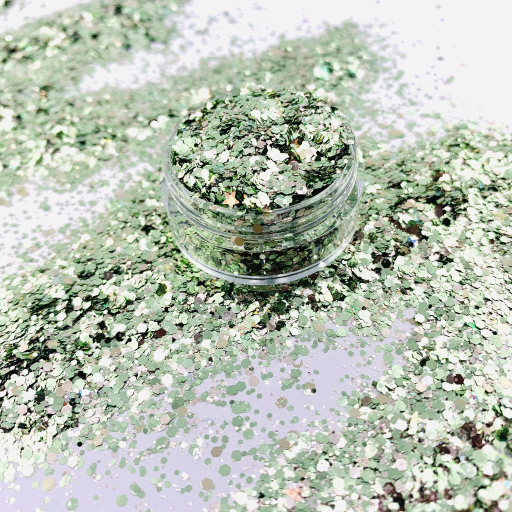 sage green gold custom multi-size glitter mix for art, body, nails and more - PDB Creative Studio
