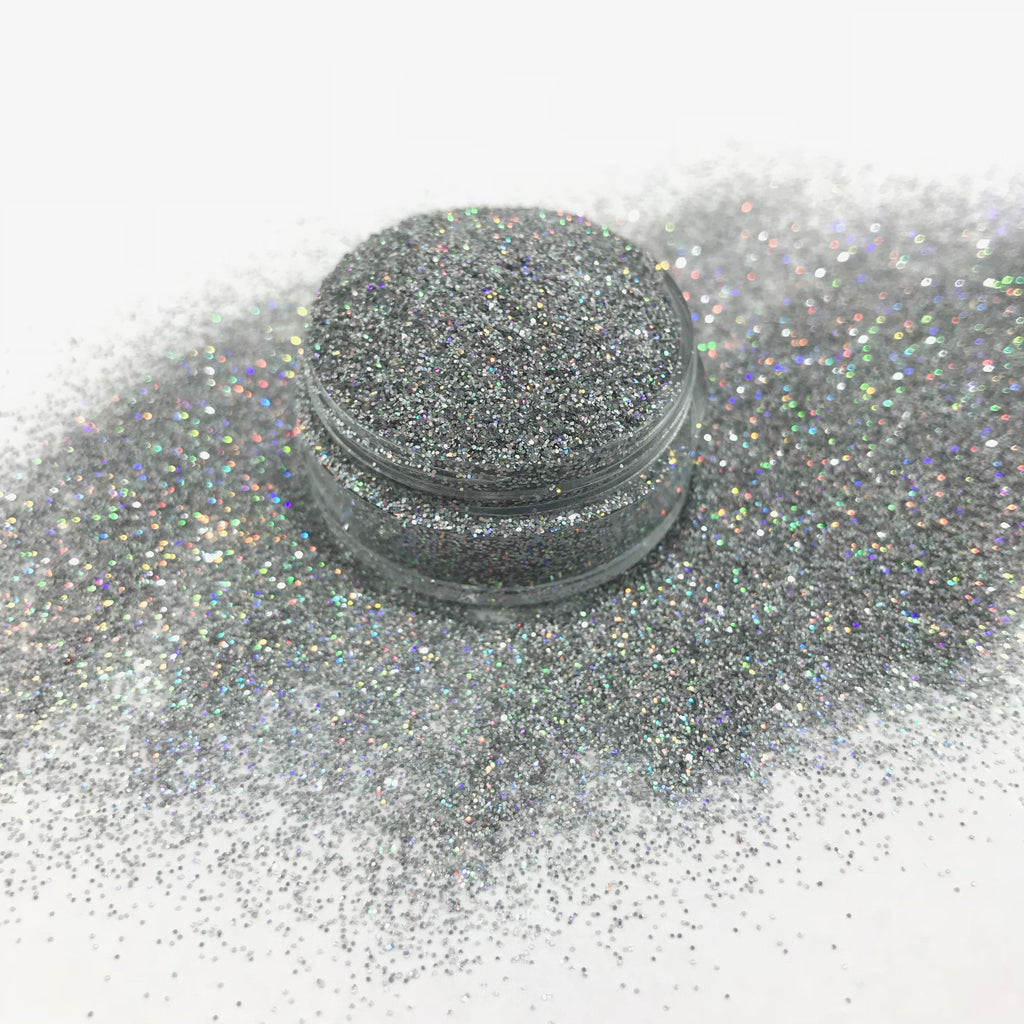 silver holographic fine polyester glitter for art, body, nails and more - PDB Creative Studio