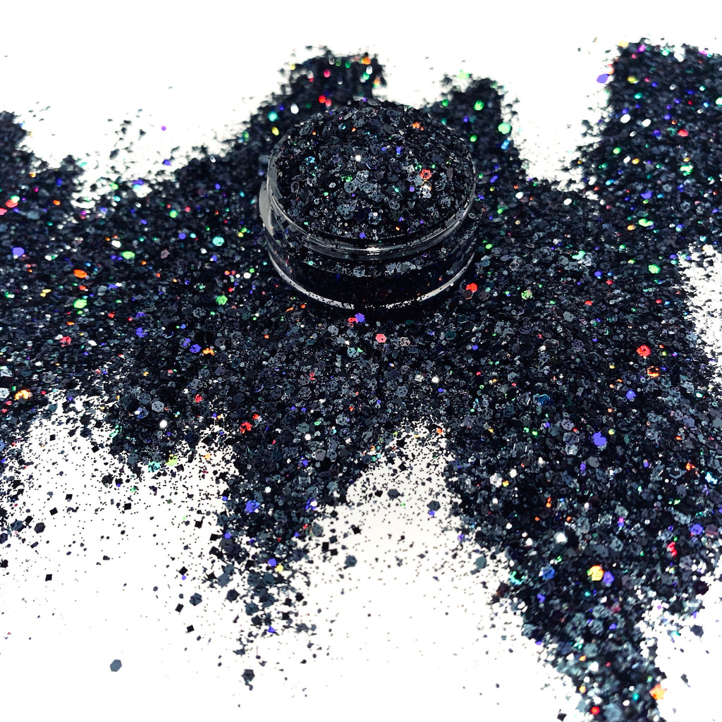Black holographic custom multi-size glitter for art, body, nails and more - PDB Creative Studio
