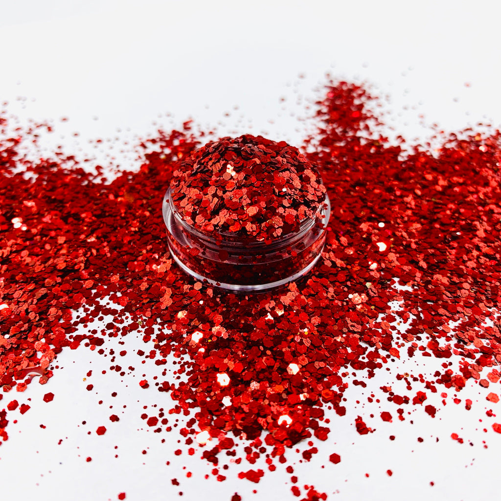 red holographic custom multi-size glitter mix for art, body, nails and more - PDB Creative Studio