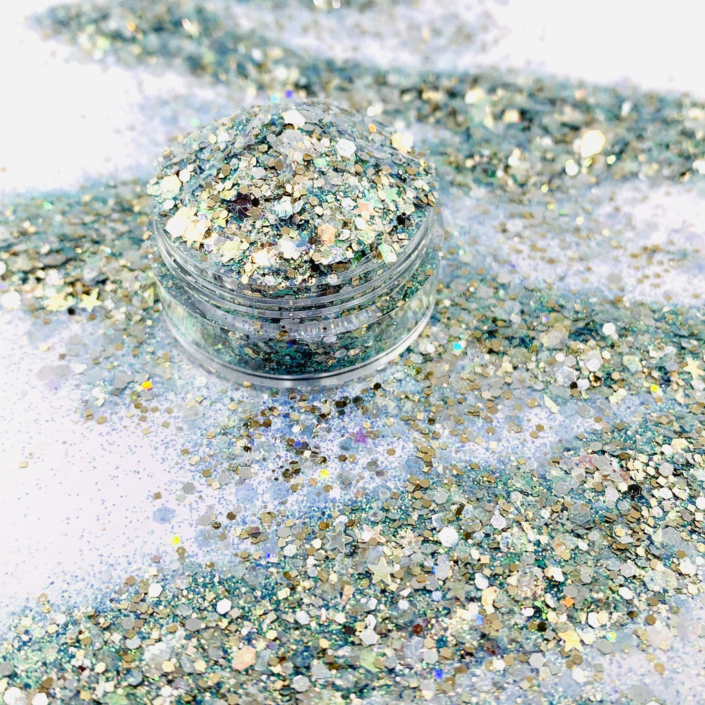 sage green gold opal custom multi-size/shape glitter for art, body, nails and more - PDB Creative Studio