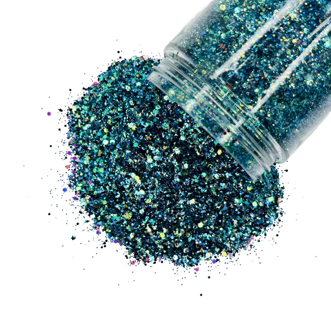 Blue green iridescent custom glitter mix for art, body, nails and more - PDB Creative Studio