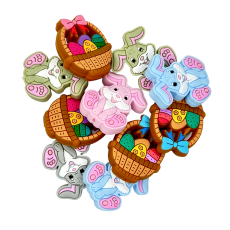 EASTER SILICONE BEAD -BUNNY RABBIT AND EASTER BASKET SHAPED SILICONE TEETHER BEADS for bracelets, pens, crafts, and more - PDB Creative Studio