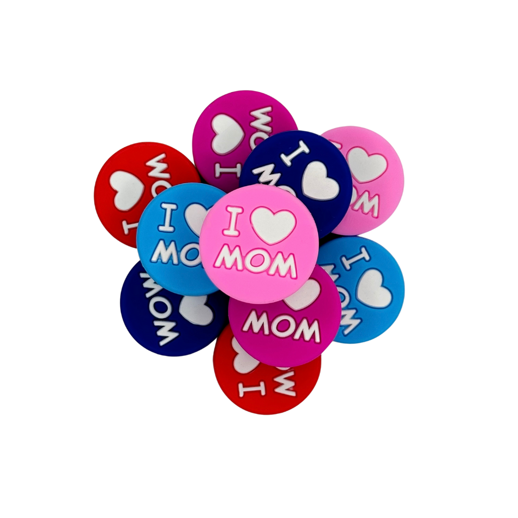 I HEART MOM SILICONE BEAD - PINK, BLUE, RED MOTHER’S DAY SILICONE TEETHER BEADS for bracelets, pens, crafts, and more - PDB Creative Studio