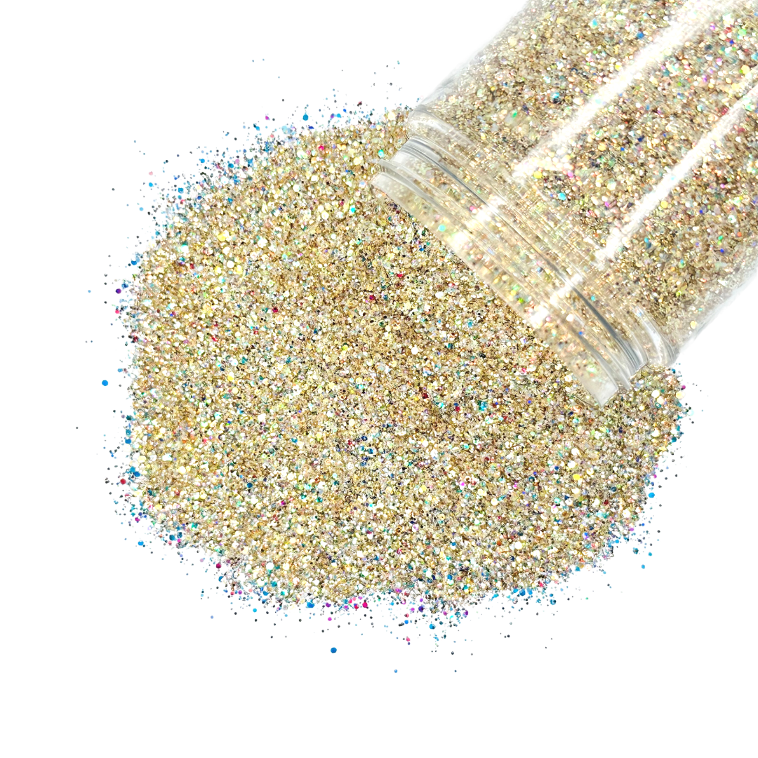 gold holographic custom multi-size glitter mix for art, body, nails and more - PDB Creative Studio