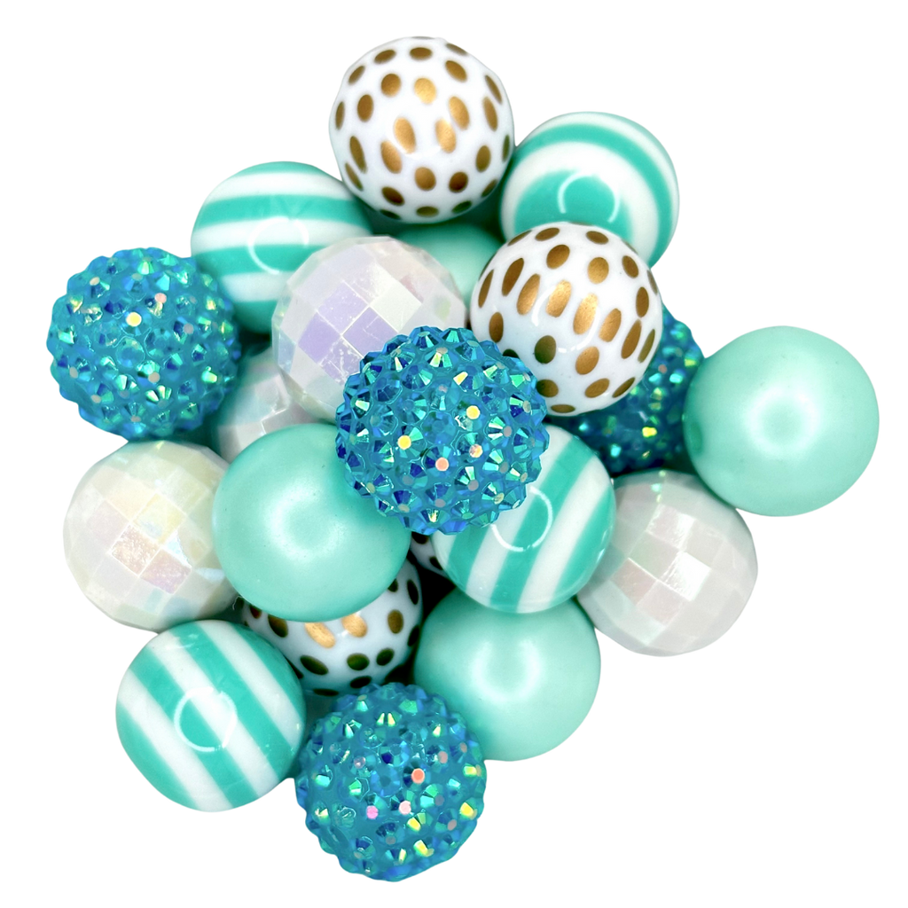 LAKE HOUSE 20MM BUBBLEGUM BEAD MIX -TEAL, WHITE, AND GOLD CUSTOM ASSORTED ACRYLIC BEAD MIX for bracelets, jewelry making, crafts, and more - PDB Creative Studio