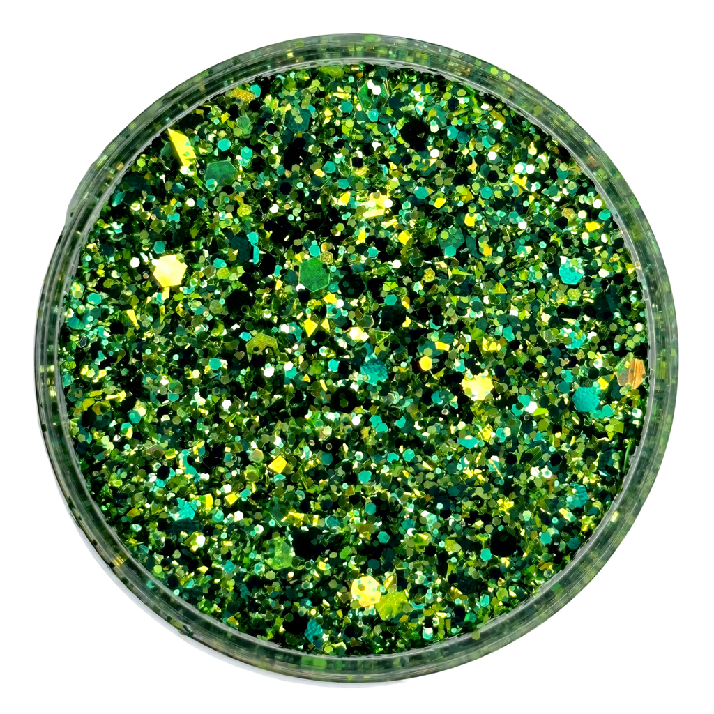 multi shades of green and gold custom multi-size glitter mis for art, body, nails and more - PDB Creative Studio