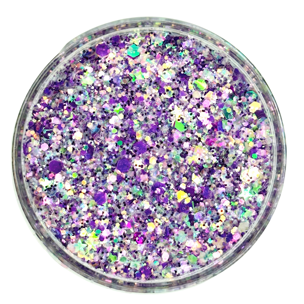 Purple iridescent custom multi-size/shape glitter mix for art, body, nails and more - PDB Creative Studio