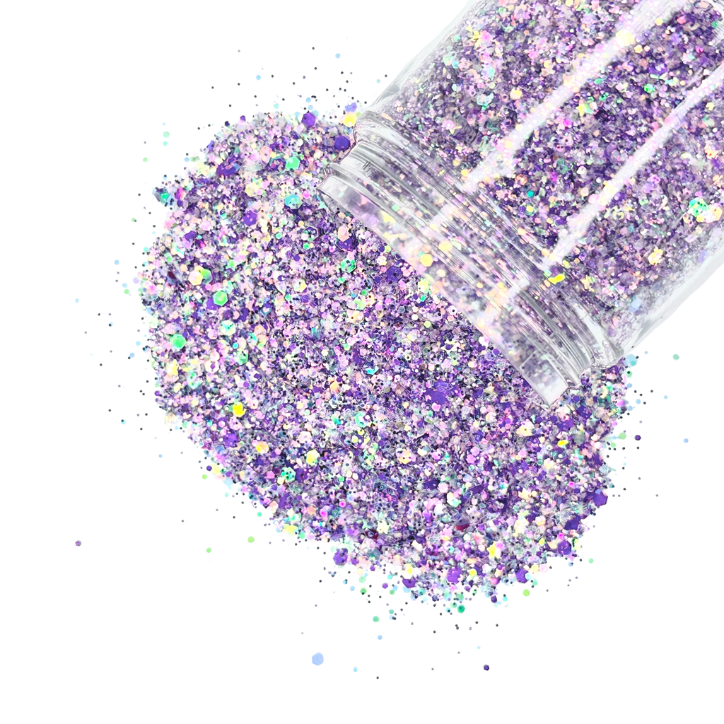 Purple iridescent custom multi-size/shape glitter mix for art, body, nails and more - PDB Creative Studio