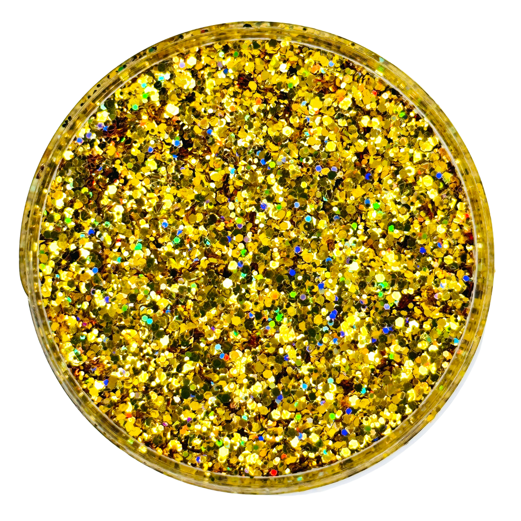 Yellow holographic gold custom multi-size glitter mix for art, body, nails and more - PDB Creative Studio