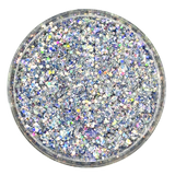 silver super holographic custom multi-size/shape glitter mix for art, body, nails and more - PDB Creative Studio