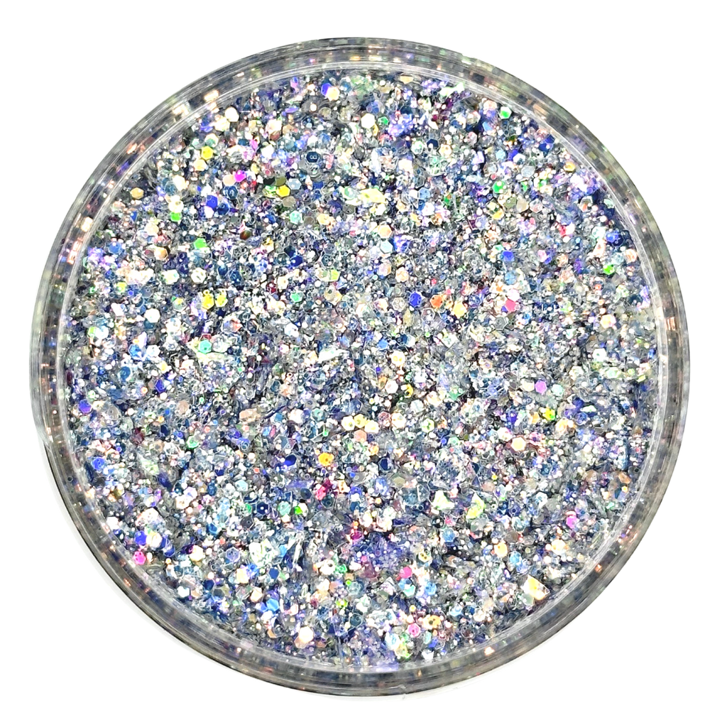 silver super holographic custom multi-size/shape glitter mix for art, body, nails and more - PDB Creative Studio