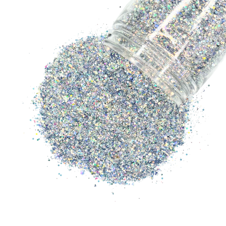 silver super holographic custom multi-size/shape glitter mix for art, body, nails and more - PDB Creative Studio